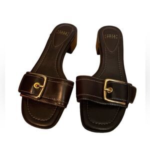Audrey Brooke brown slip on heeled sandals
